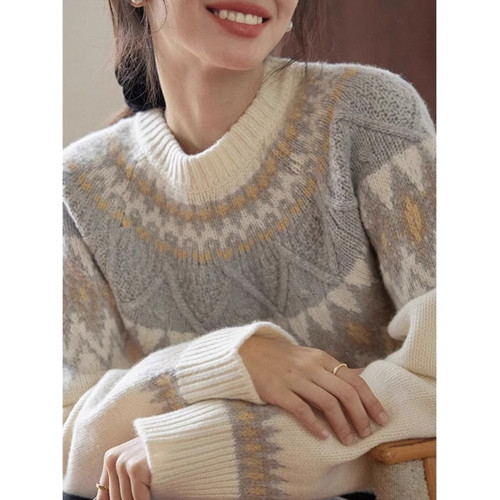 杏色費爾島聖誕毛衣女冬季森系法式復古寬松慵懶菱格套頭針織上衣