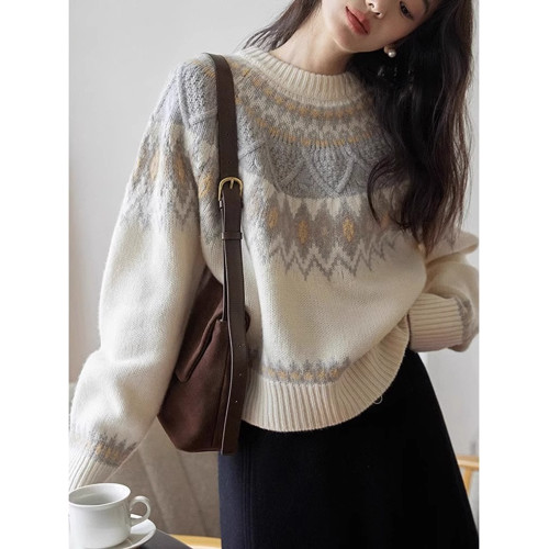 杏色費爾島聖誕毛衣女冬季森系法式復古寬松慵懶菱格套頭針織上衣