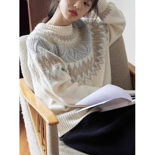 杏色費爾島聖誕毛衣女冬季森系法式復古寬松慵懶菱格套頭針織上衣