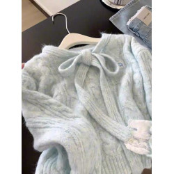 蕾絲拼接假兩件系帶蝴蝶結藍色毛衣女秋冬高級感針織韓系穿搭