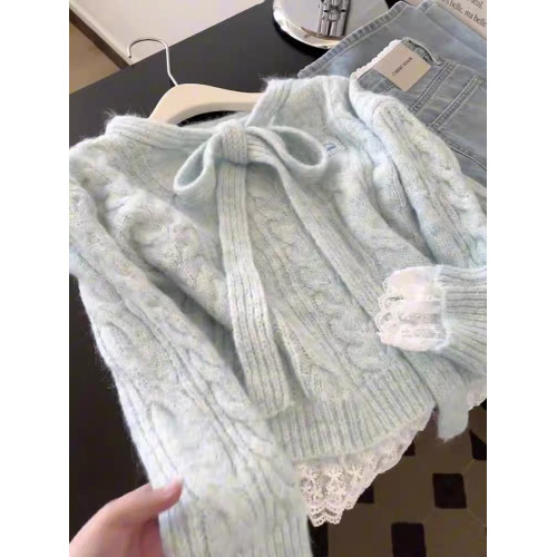 蕾絲拼接假兩件系帶蝴蝶結藍色毛衣女秋冬高級感針織韓系穿搭