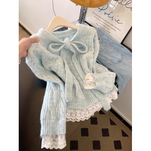 蕾絲拼接假兩件系帶蝴蝶結藍色毛衣女秋冬高級感針織韓系穿搭