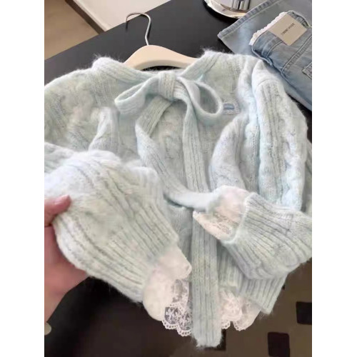 蕾絲拼接假兩件系帶蝴蝶結藍色毛衣女秋冬高級感針織韓系穿搭