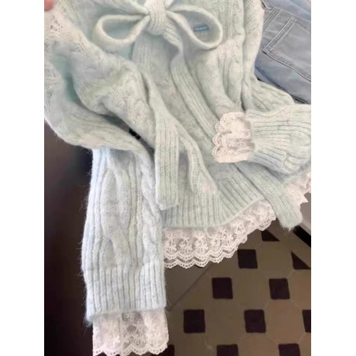 蕾絲拼接假兩件系帶蝴蝶結藍色毛衣女秋冬高級感針織韓系穿搭