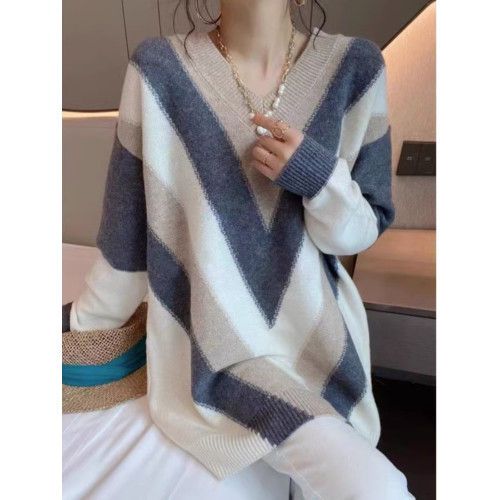 中長款毛衣女拼色打底衫秋冬慵嬾遮肚百搭長袖v領寬鬆針織連衣裙