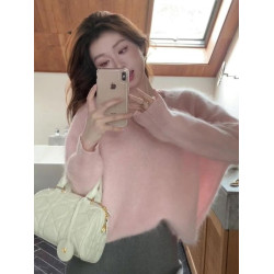 韓系慵懶風洋氣V領套頭毛衣女冬季新款高級時尚氣質粉色長袖上衣