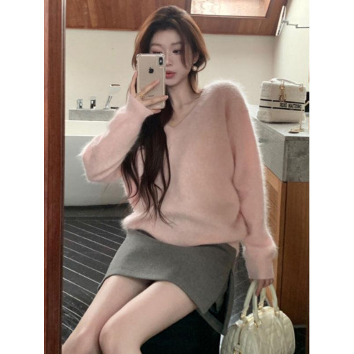 韓系慵懶風洋氣V領套頭毛衣女冬季新款高級時尚氣質粉色長袖上衣
