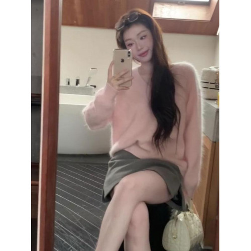 韓系慵懶風洋氣V領套頭毛衣女冬季新款高級時尚氣質粉色長袖上衣