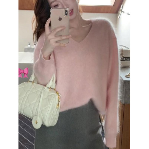 韓系慵懶風洋氣V領套頭毛衣女冬季新款高級時尚氣質粉色長袖上衣
