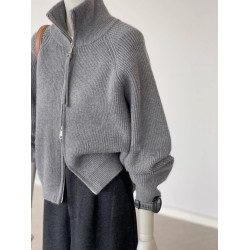 雙拉鍊高領加厚針織上衣外套女2025秋季寬鬆設計感插肩袖毛衣開衫