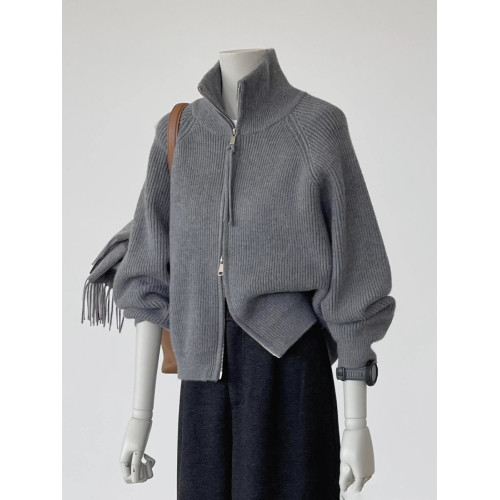 雙拉鍊高領加厚針織上衣外套女2025秋季寬鬆設計感插肩袖毛衣開衫