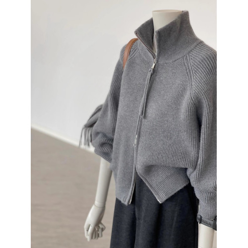 雙拉鍊高領加厚針織上衣外套女2025秋季寬鬆設計感插肩袖毛衣開衫