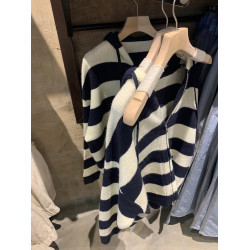 高品質！慵懶風連帽拉鍊毛衣開衫女外套秋裝寬松加厚條紋長袖針織