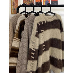 仿水貂絨條紋撞色毛衣女秋冬季寬松設計感小衆慵懶風針織衫上衣