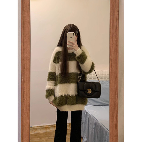 仿水貂絨條紋撞色毛衣女秋冬季寬松設計感小衆慵懶風針織衫上衣 仿水貂絨條紋撞色毛衣女秋冬季寬松設計感小衆慵懶風針織衫上衣