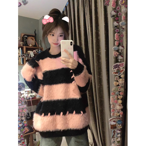 仿水貂絨條紋撞色毛衣女秋冬季寬松設計感小衆慵懶風針織衫上衣 仿水貂絨條紋撞色毛衣女秋冬季寬松設計感小衆慵懶風針織衫上衣