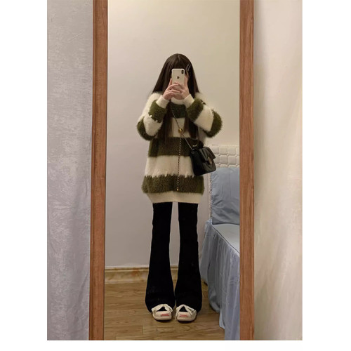 仿水貂絨條紋撞色毛衣女秋冬季寬松設計感小衆慵懶風針織衫上衣 仿水貂絨條紋撞色毛衣女秋冬季寬松設計感小衆慵懶風針織衫上衣