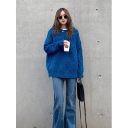 秋冬打底漂亮高級感克萊因藍套頭毛衣女加厚軟糯半邊絨毛針織上衣