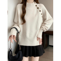 2025秋冬新款半高領灰色毛衣上衣大碼女裝胖mm寬鬆慵嬾加厚針織衫