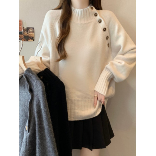 2025秋冬新款半高領灰色毛衣上衣大碼女裝胖mm寬鬆慵嬾加厚針織衫