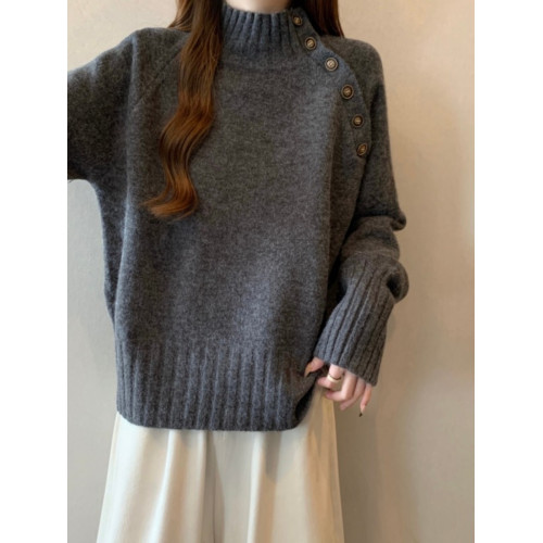 2025秋冬新款半高領灰色毛衣上衣大碼女裝胖mm寬鬆慵嬾加厚針織衫