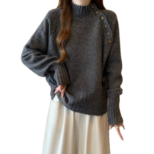 2025秋冬新款半高領灰色毛衣上衣大碼女裝胖mm寬鬆慵嬾加厚針織衫