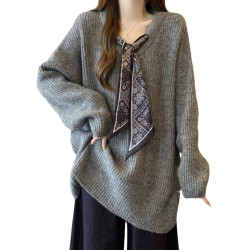 高級感絲巾V領毛衣女早秋款大碼胖mm中長款遮屁股上衣打底針織衫