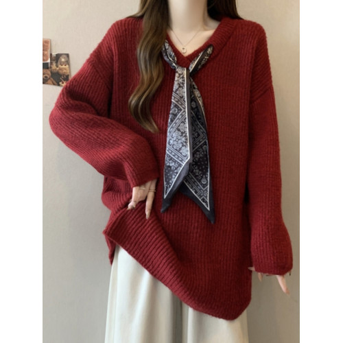 高級感絲巾V領毛衣女早秋款大碼胖mm中長款遮屁股上衣打底針織衫 高級感絲巾V領毛衣女早秋款大碼胖mm中長款遮屁股上衣打底針織衫