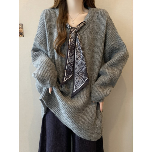 高級感絲巾V領毛衣女早秋款大碼胖mm中長款遮屁股上衣打底針織衫 高級感絲巾V領毛衣女早秋款大碼胖mm中長款遮屁股上衣打底針織衫