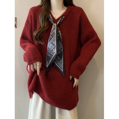 高級感絲巾V領毛衣女早秋款大碼胖mm中長款遮屁股上衣打底針織衫 高級感絲巾V領毛衣女早秋款大碼胖mm中長款遮屁股上衣打底針織衫