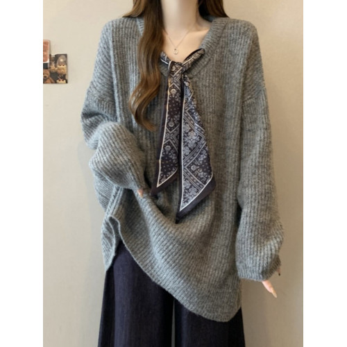 高級感絲巾V領毛衣女早秋款大碼胖mm中長款遮屁股上衣打底針織衫 高級感絲巾V領毛衣女早秋款大碼胖mm中長款遮屁股上衣打底針織衫