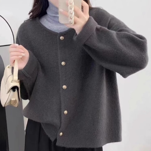 實拍◆法式老錢風挺濶纖細北極絨寬鬆撞色小圓釦百搭外套毛衣開衫