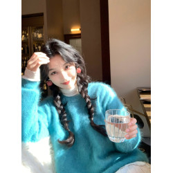 藍色水貂絨套頭毛衣女冬季加厚軟糯奶fufu寬松慵懶風毛茸茸針織衫