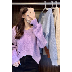 破洞麻花毛衣女針織衫純色套頭V領慵懶秋季短款打底百搭上衣學院