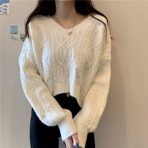 破洞麻花毛衣女針織衫純色套頭V領慵懶秋季短款打底百搭上衣學院 破洞麻花毛衣女針織衫純色套頭V領慵懶秋季短款打底百搭上衣學院