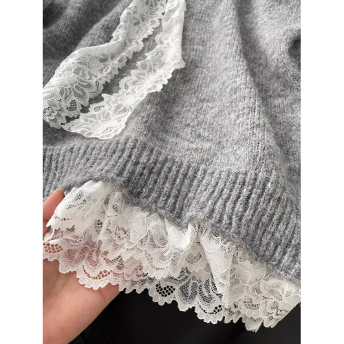 蕾絲蝴蝶結拼接寬松長袖毛衣女2025秋季新款慵懶風甜美針織衫上衣 蕾絲蝴蝶結拼接寬松長袖毛衣女2025秋季新款慵懶風甜美針織衫上衣