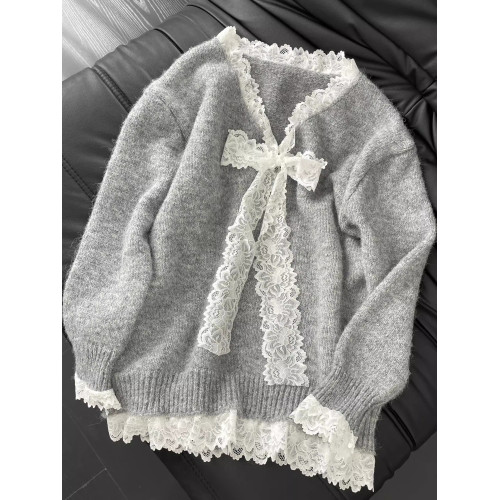 蕾絲蝴蝶結拼接寬松長袖毛衣女2025秋季新款慵懶風甜美針織衫上衣 蕾絲蝴蝶結拼接寬松長袖毛衣女2025秋季新款慵懶風甜美針織衫上衣