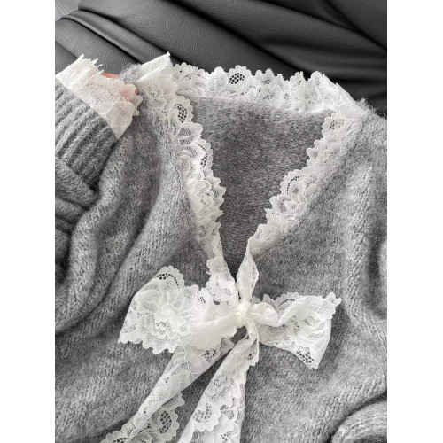 蕾絲蝴蝶結拼接寬松長袖毛衣女2025秋季新款慵懶風甜美針織衫上衣 蕾絲蝴蝶結拼接寬松長袖毛衣女2025秋季新款慵懶風甜美針織衫上衣