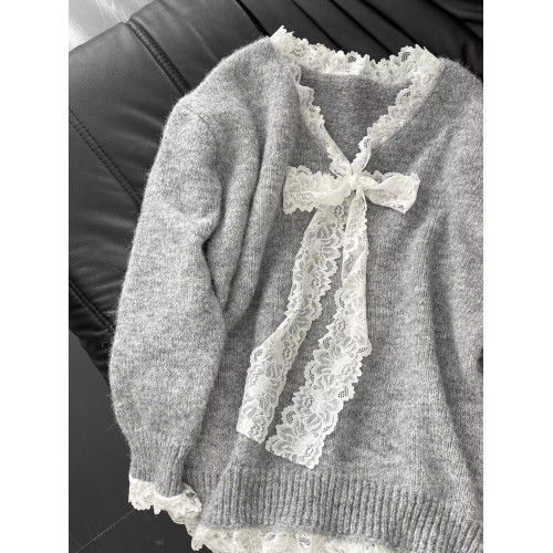 蕾絲蝴蝶結拼接寬松長袖毛衣女2025秋季新款慵懶風甜美針織衫上衣 蕾絲蝴蝶結拼接寬松長袖毛衣女2025秋季新款慵懶風甜美針織衫上衣