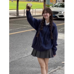 日系學院風寬松藍色麻花毛衣女秋冬季2025新款韓系慵懶風針織上衣