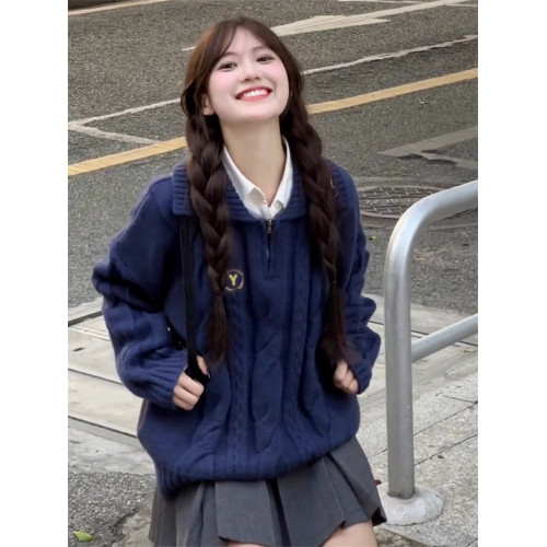 日系學院風寬松藍色麻花毛衣女秋冬季2025新款韓系慵懶風針織上衣 日系學院風寬松藍色麻花毛衣女秋冬季2025新款韓系慵懶風針織上衣