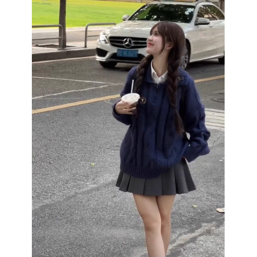 日系學院風寬松藍色麻花毛衣女秋冬季2025新款韓系慵懶風針織上衣 日系學院風寬松藍色麻花毛衣女秋冬季2025新款韓系慵懶風針織上衣