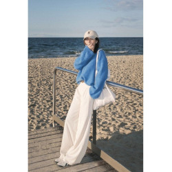 法式慵懶風浣熊絨藍色套頭毛衣女秋冬加厚溫柔內搭打底針織衫上衣