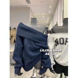 韓國東大門2025秋季新款時尚性感寬松一字領露肩長袖針織衫女毛衣