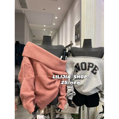 韓國東大門2025秋季新款時尚性感寬松一字領露肩長袖針織衫女毛衣 韓國東大門2025秋季新款時尚性感寬松一字領露肩長袖針織衫女毛衣