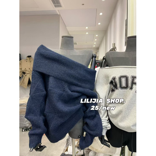 韓國東大門2025秋季新款時尚性感寬松一字領露肩長袖針織衫女毛衣 韓國東大門2025秋季新款時尚性感寬松一字領露肩長袖針織衫女毛衣