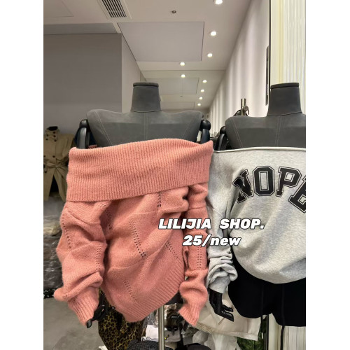 韓國東大門2025秋季新款時尚性感寬松一字領露肩長袖針織衫女毛衣 韓國東大門2025秋季新款時尚性感寬松一字領露肩長袖針織衫女毛衣