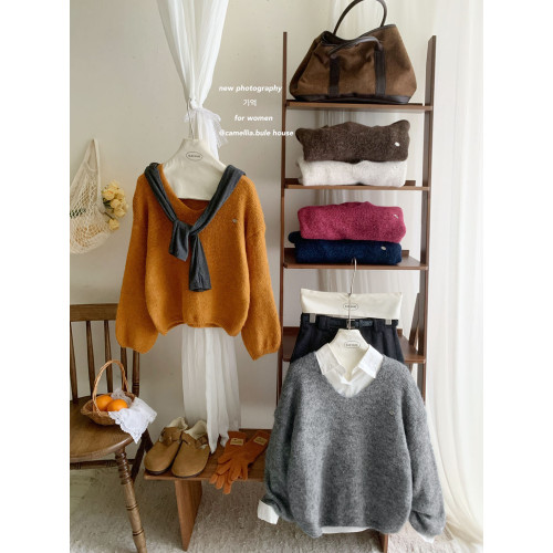 復古氣質顯白橘色V領小標軟糯毛衣女冬寬松慵懶休閒長袖針織上衣 復古氣質顯白橘色V領小標軟糯毛衣女冬寬松慵懶休閒長袖針織上衣