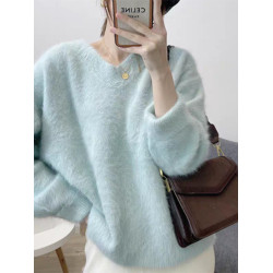 奶藍色水貂絨毛衣女加厚秋冬寬松套頭慵懶風溫柔v領軟糯針織上衣