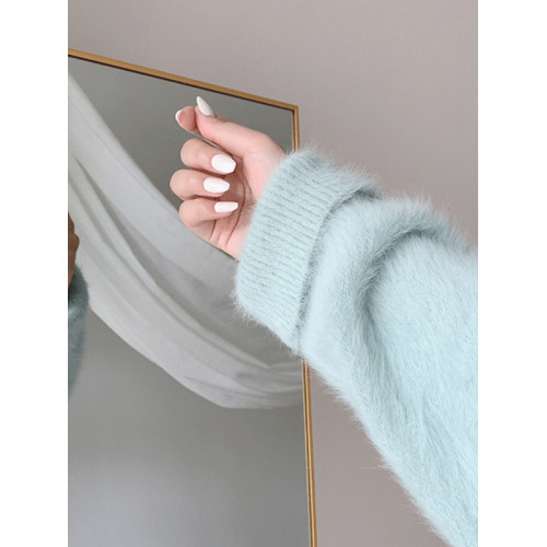 奶藍色水貂絨毛衣女加厚秋冬寬松套頭慵懶風溫柔v領軟糯針織上衣 奶藍色水貂絨毛衣女加厚秋冬寬松套頭慵懶風溫柔v領軟糯針織上衣